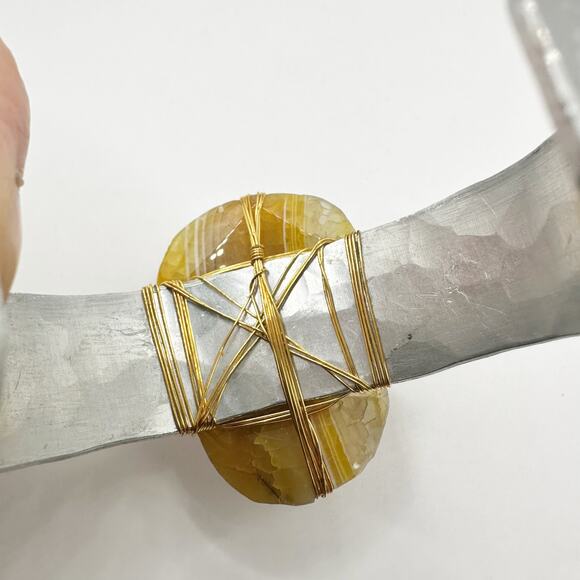 Golden Calcite Cuff Bracelet Wrapped Chunky Stone Boho Modern Silver tone - Picture 5 of 10